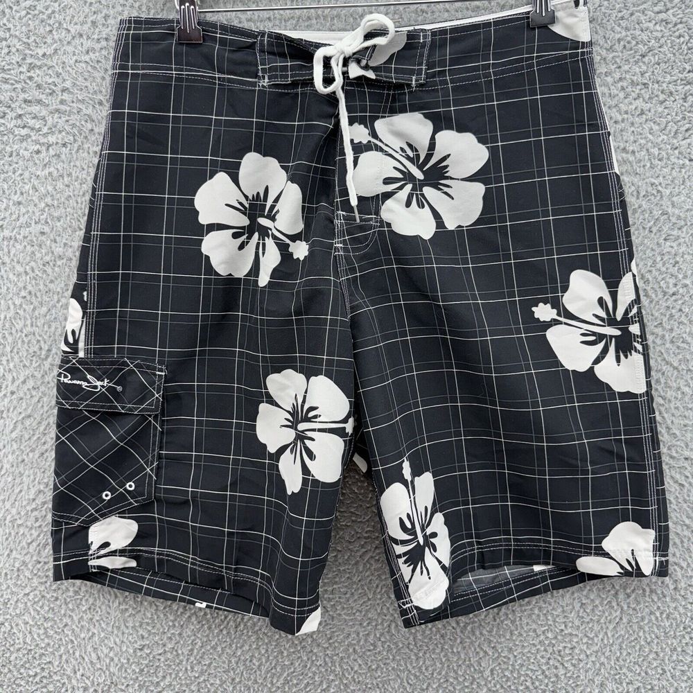 Panama Jack‎ Mens 32 Black White Floral Swim Trunks Board Shorts Hawaiian Island